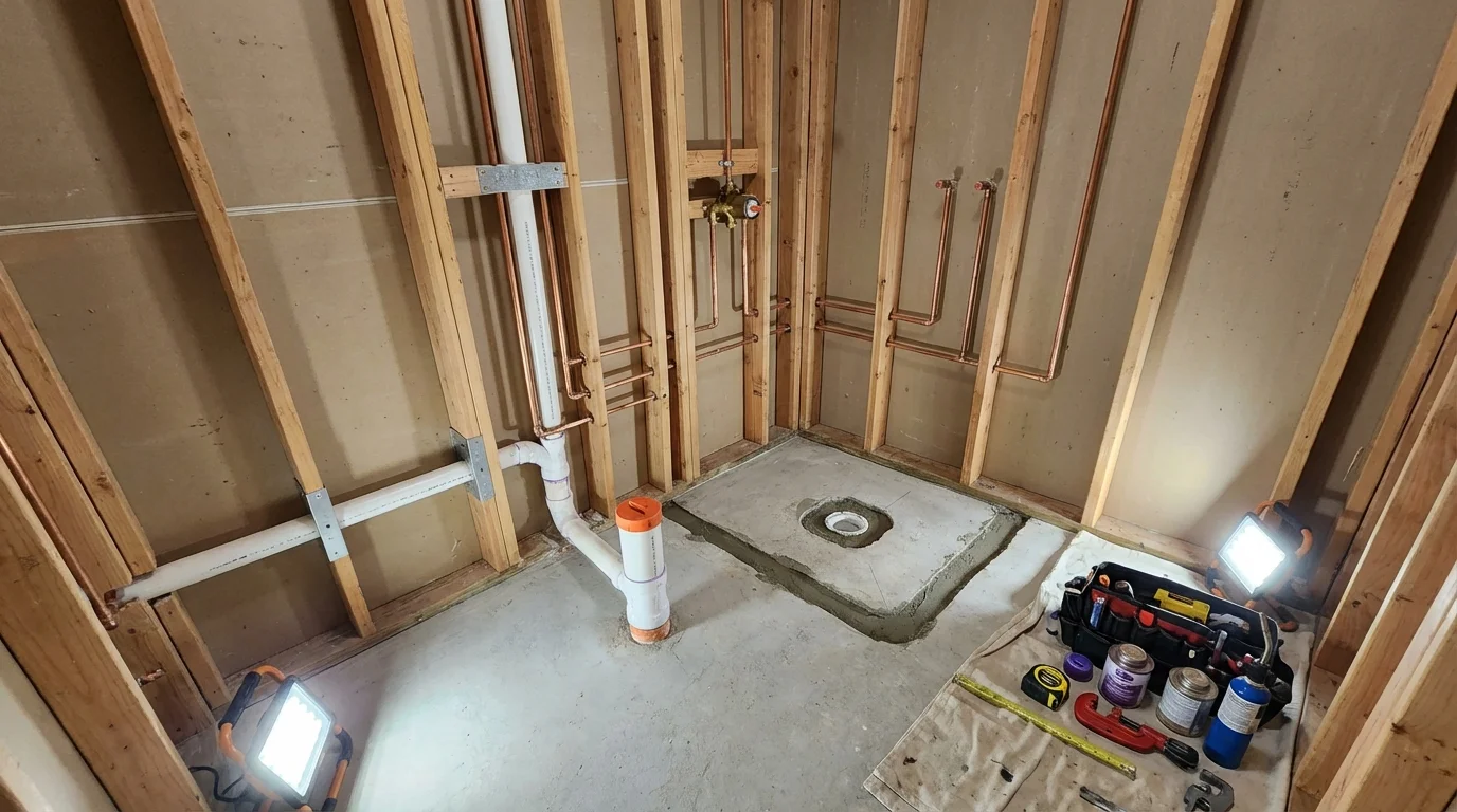 Bathroom rough-in plumbing during remodel by Johns Plumbing LLC in Cooperstown