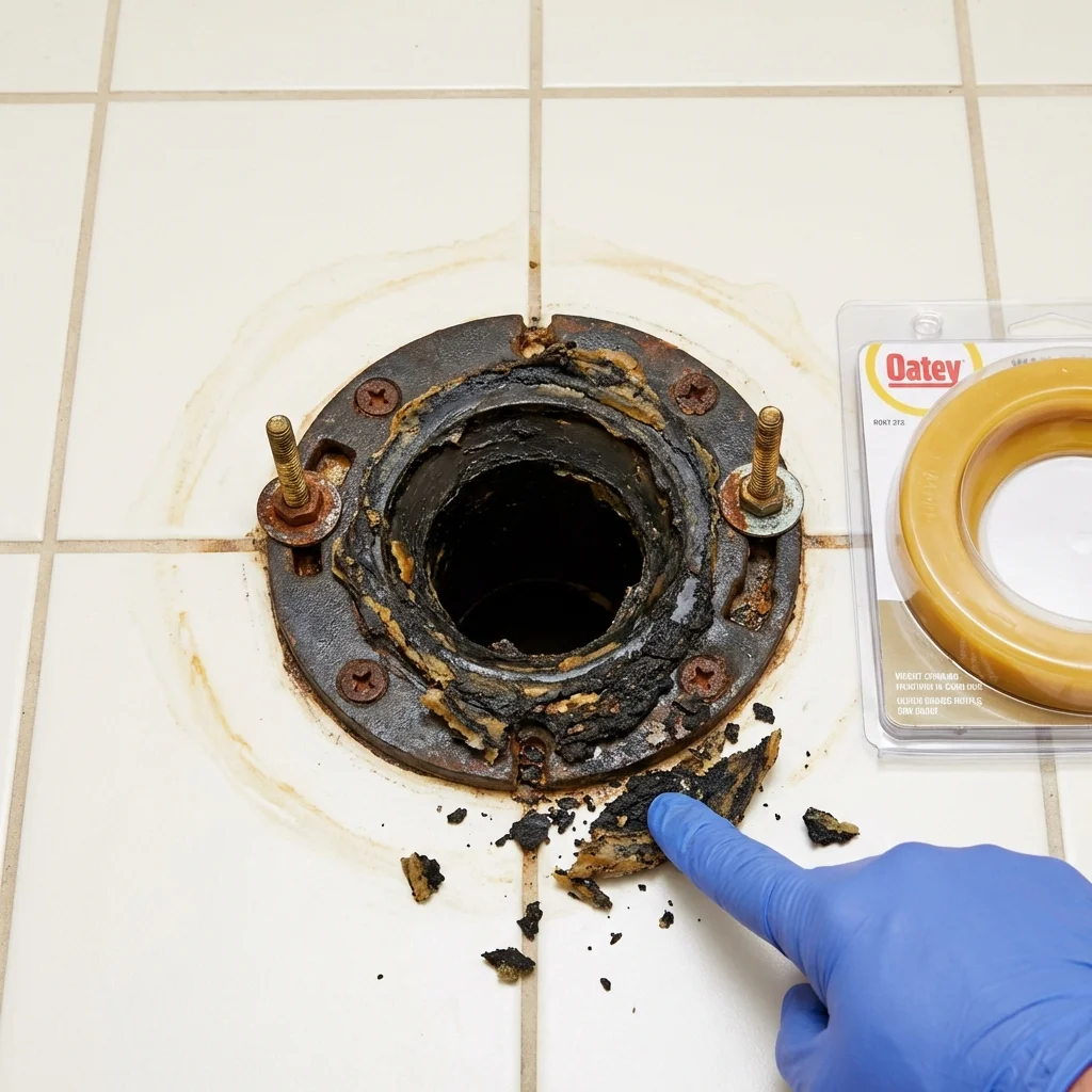 Failed wax ring showing water seepage at the base of a toilet in a Cooperstown, NY home