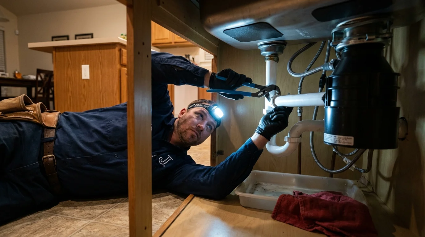 P-trap and supply line connections under a kitchen sink showing a common leak point in Cooperstown, NY
